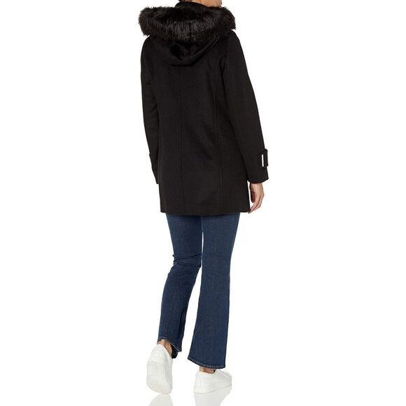 New! CALVIN KLEIN Wool-Blend Hooded Faux Fur Black Coat Jacket XL Zip-Front - Picture 5 of 12